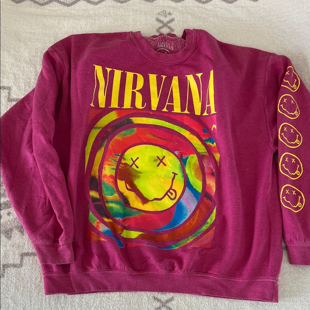 NIRVANA Burgundy Smiley Graphic Crewneck Sweater